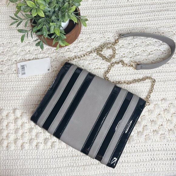 BIG BUDDHA Women's Gray Temple Black Patent Leather Chain Strap Handbag NWT - Picture 11 of 13